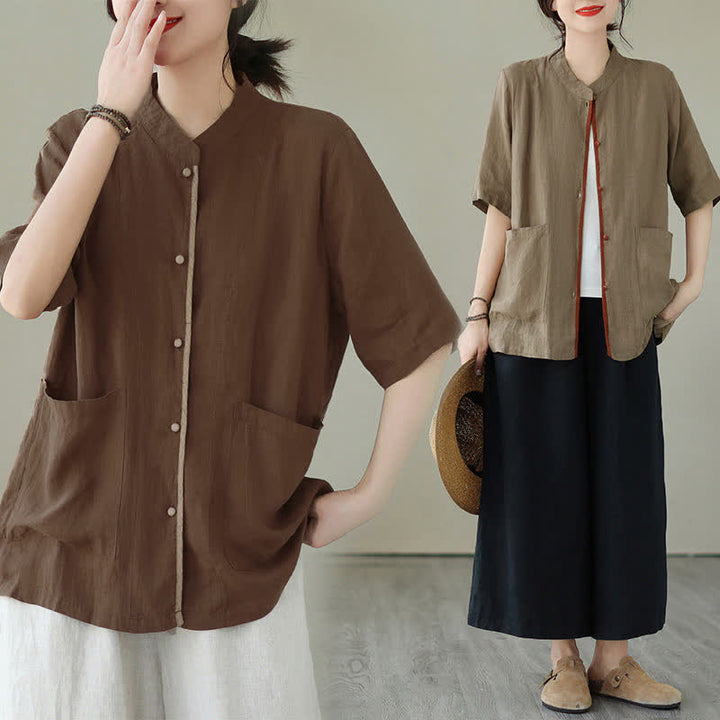 Buddha Stones Summer Minimalist Patch Pocket Button Up Solid Women's Short Sleeve Shirts With Pockets - image 21