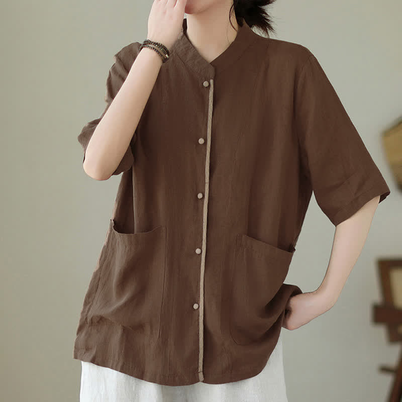 Buddha Stones Summer Minimalist Patch Pocket Button Up Solid Women's Short Sleeve Shirts With Pockets - SaddleBrown - US8-10，UK/AU12-14，EU40-42 (2XL) - image 0