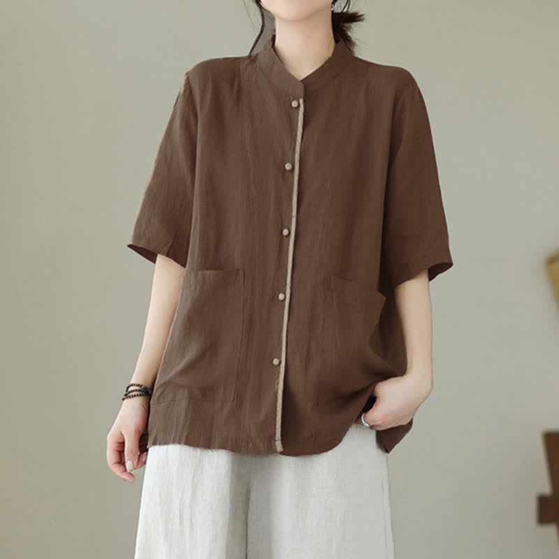 Buddha Stones Summer Minimalist Patch Pocket Button Up Solid Women's Short Sleeve Shirts With Pockets - image 4