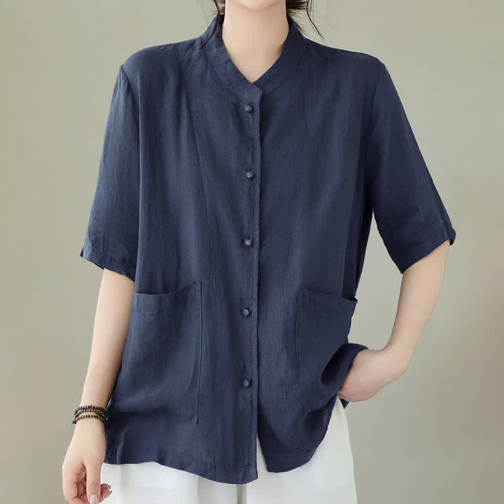 Buddha Stones Summer Minimalist Patch Pocket Button Up Solid Women's Short Sleeve Shirts With Pockets - image 13