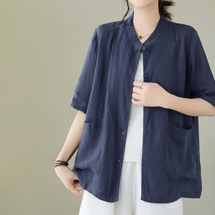 Buddha Stones Summer Minimalist Patch Pocket Button Up Solid Women's Short Sleeve Shirts With Pockets - image 12