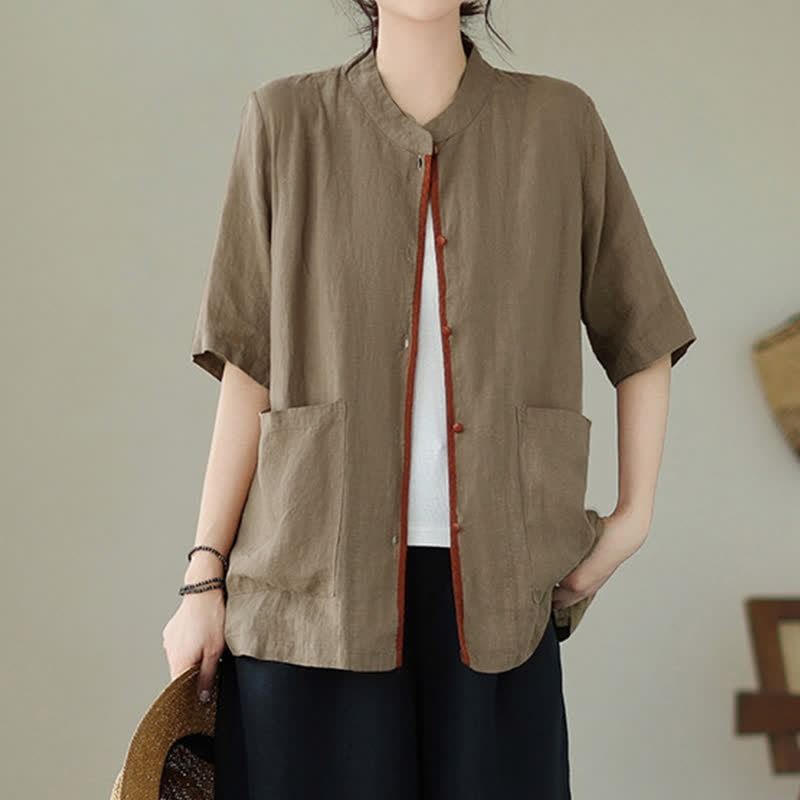 Buddha Stones Summer Minimalist Patch Pocket Button Up Solid Women's Short Sleeve Shirts With Pockets - image 20