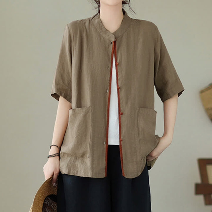 Buddha Stones Summer Minimalist Patch Pocket Button Up Solid Women's Short Sleeve Shirts With Pockets - image 20
