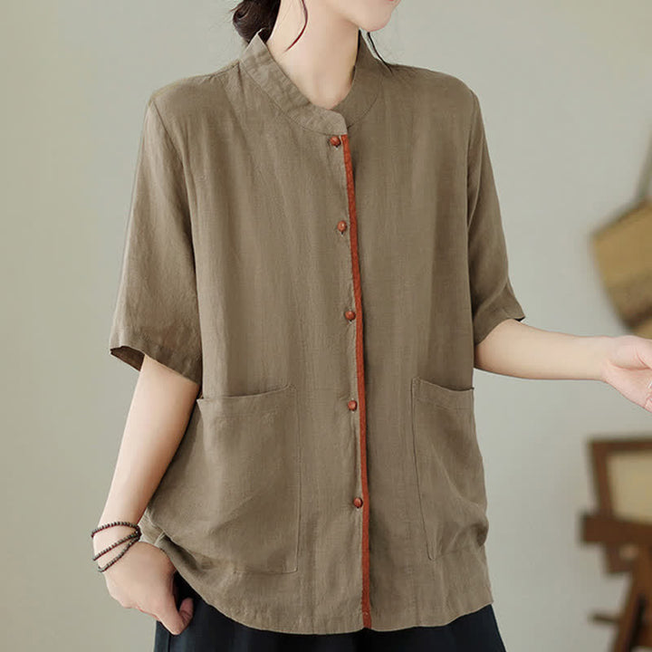 Buddha Stones Summer Minimalist Patch Pocket Button Up Solid Women's Short Sleeve Shirts With Pockets - image 17