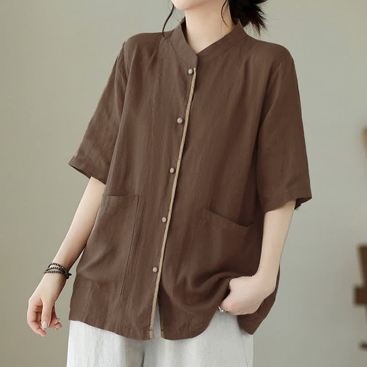 Buddha Stones Summer Minimalist Patch Pocket Button Up Solid Women's Short Sleeve Shirts With Pockets - image 3
