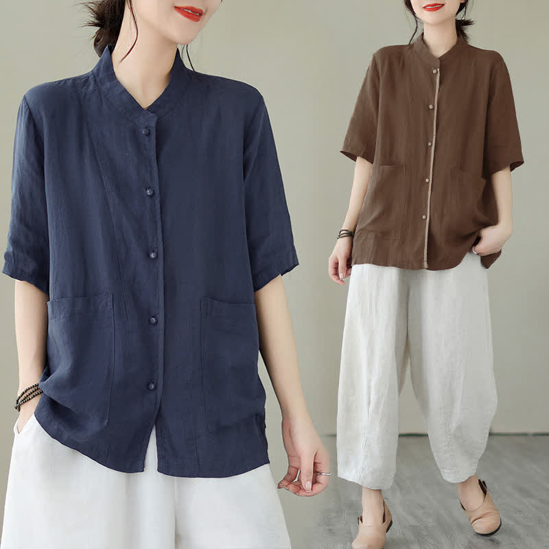 Buddha Stones Summer Minimalist Patch Pocket Button Up Solid Women's Short Sleeve Shirts With Pockets - image 22