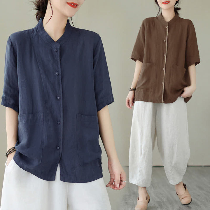 Buddha Stones Summer Minimalist Patch Pocket Button Up Solid Women's Short Sleeve Shirts With Pockets - image 22