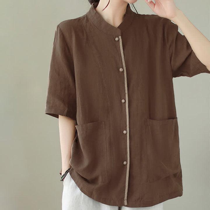 Buddha Stones Summer Minimalist Patch Pocket Button Up Solid Women's Short Sleeve Shirts With Pockets - image 2