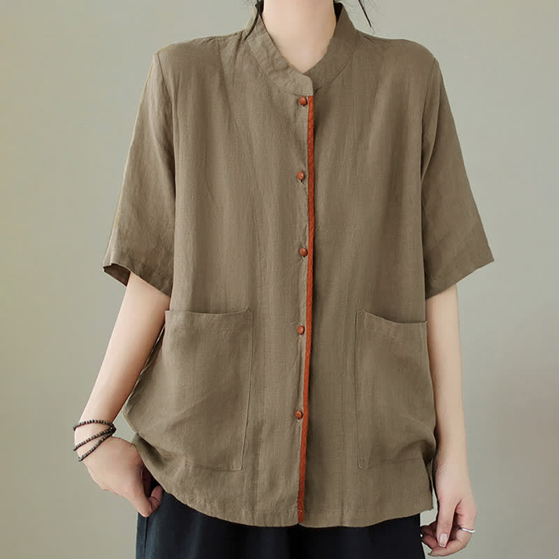 Buddha Stones Summer Minimalist Patch Pocket Button Up Solid Women's Short Sleeve Shirts With Pockets - DarkKhaki - US8-10，UK/AU12-14，EU40-42 (2XL) - image 15