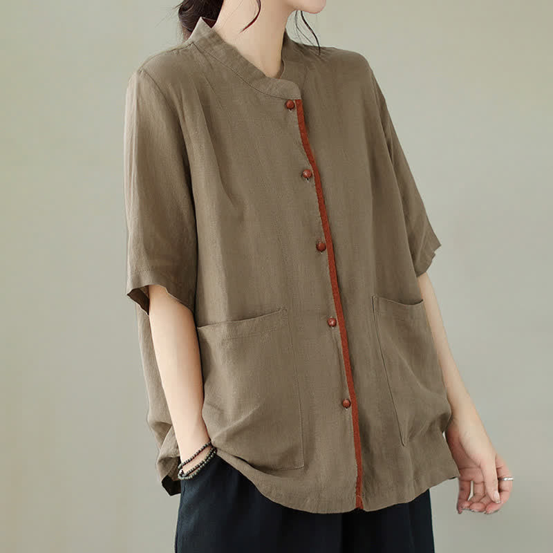 Buddha Stones Summer Minimalist Patch Pocket Button Up Solid Women's Short Sleeve Shirts With Pockets - image 18