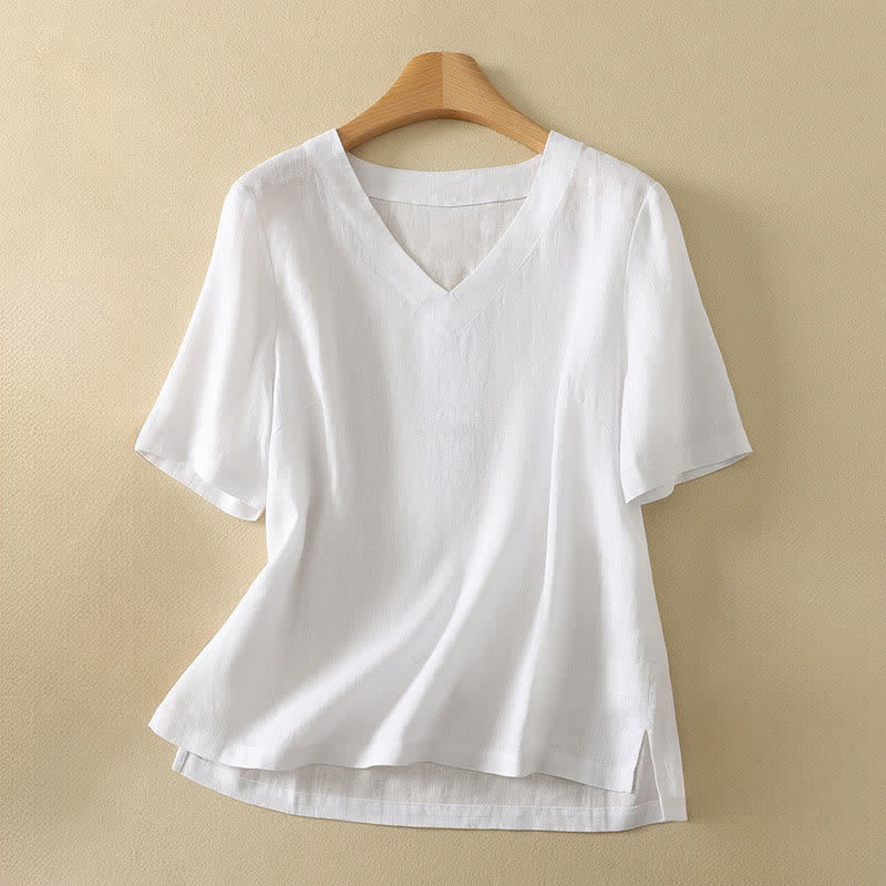 Buddha Stones Summer Minimalist V Neck Solid Women's Short Sleeve T-Shirts - White - US8-10，UK/AU12-14，EU40-42 (2XL) - image 10