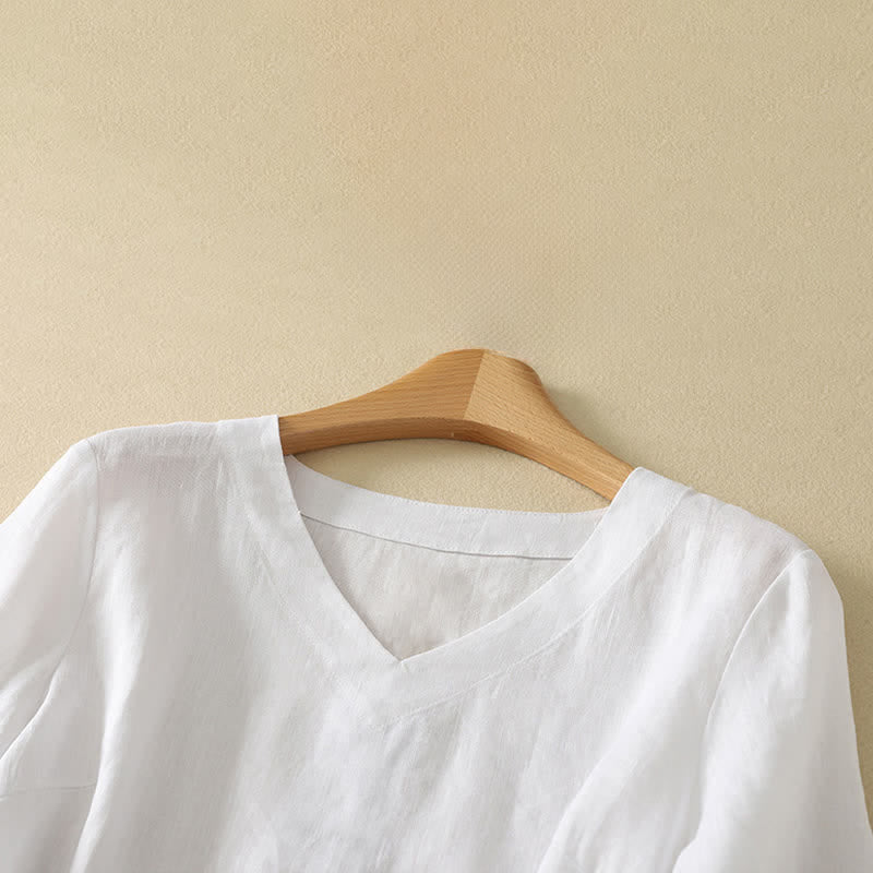 Buddha Stones Summer Minimalist V Neck Solid Women's Short Sleeve T-Shirts - image 12