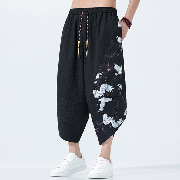 Buddha Stones Summer Drawstring Tassel Crane Print Men's Harem Pants - image 13