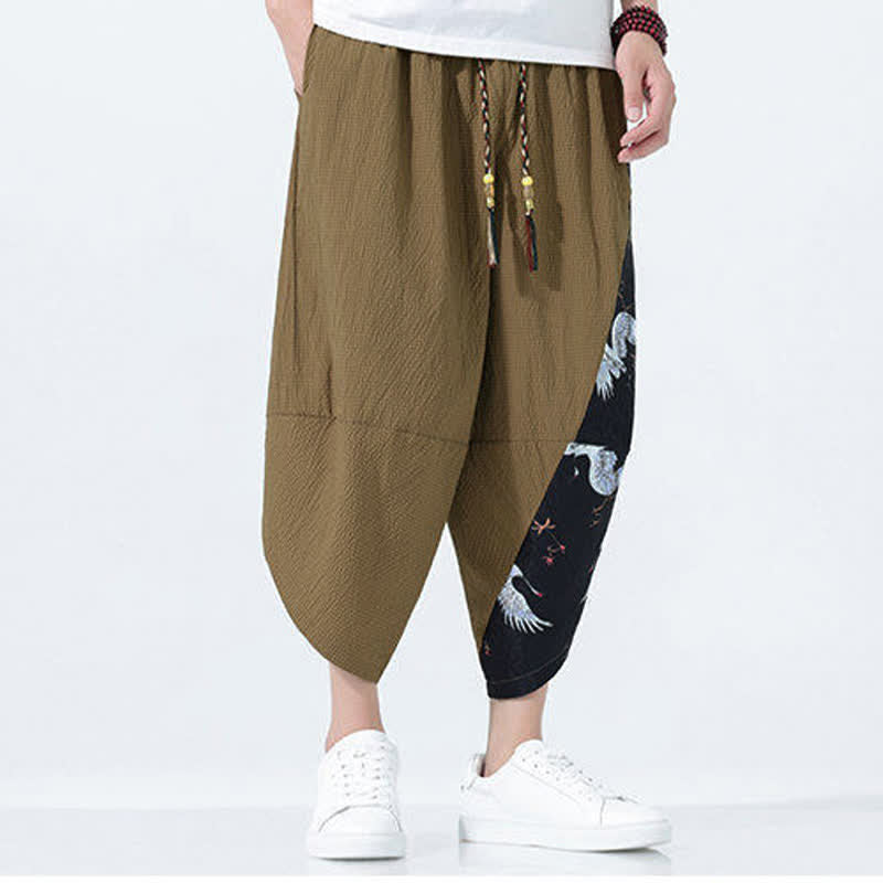 Buddha Stones Summer Drawstring Tassel Crane Print Men's Harem Pants - image 2