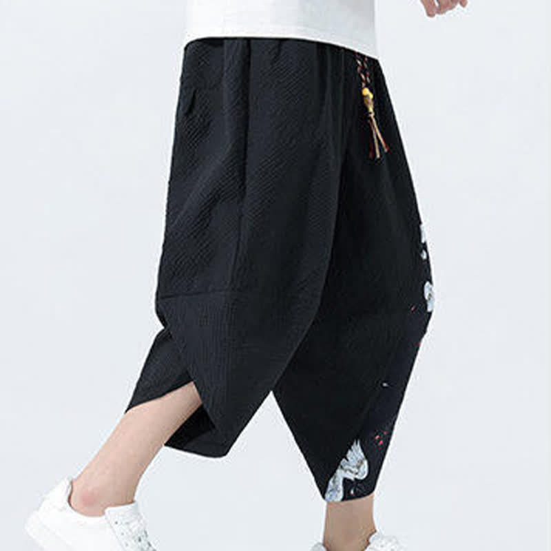 Buddha Stones Summer Drawstring Tassel Crane Print Men's Harem Pants - image 9