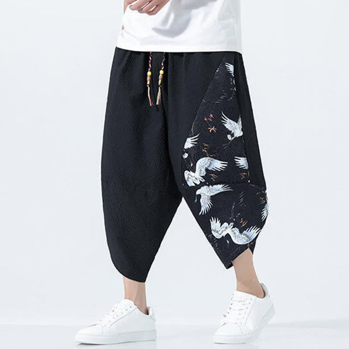 Buddha Stones Summer Drawstring Tassel Crane Print Men's Harem Pants - Black - US/UK/AU46，EU56 (5XL) - image 8