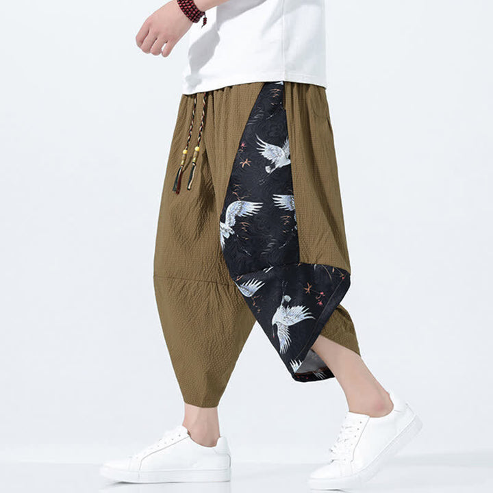 Buddha Stones Summer Drawstring Tassel Crane Print Men's Harem Pants - SaddleBrown - US/UK/AU46，EU56 (5XL) - image 0