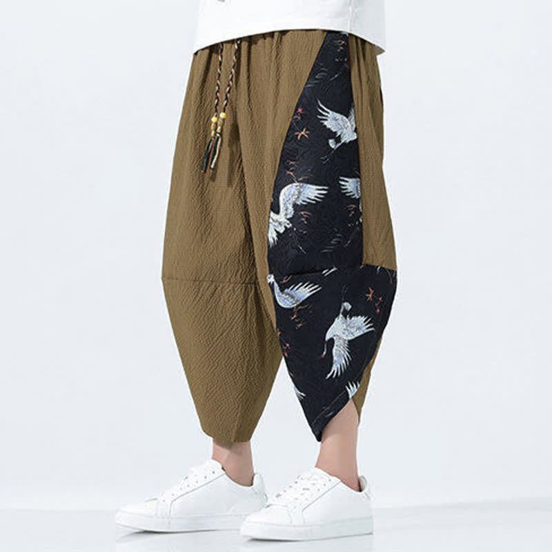 Buddha Stones Summer Drawstring Tassel Crane Print Men's Harem Pants - image 7