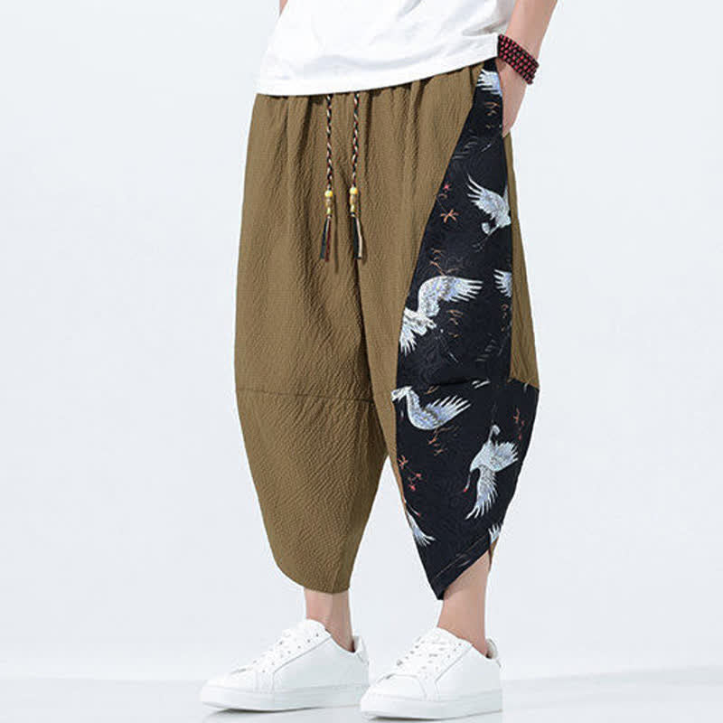 Buddha Stones Summer Drawstring Tassel Crane Print Men's Harem Pants - image 3