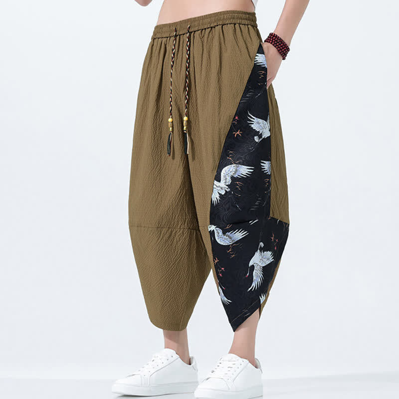 Buddha Stones Summer Drawstring Tassel Crane Print Men's Harem Pants - image 5