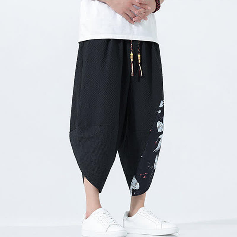 Buddha Stones Summer Drawstring Tassel Crane Print Men's Harem Pants - image 15