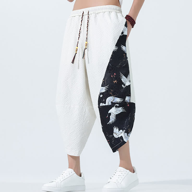Buddha Stones Summer Drawstring Tassel Crane Print Men's Harem Pants - image 26