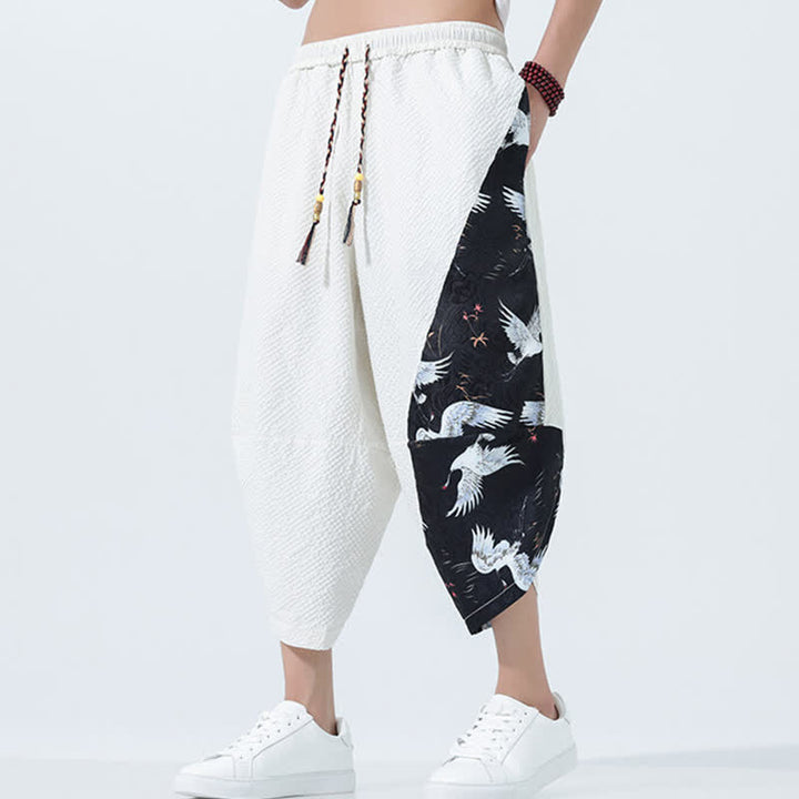 Buddha Stones Summer Drawstring Tassel Crane Print Men's Harem Pants - image 26