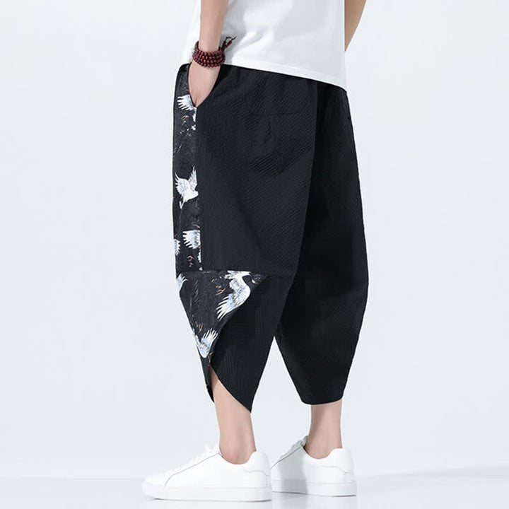 Buddha Stones Summer Drawstring Tassel Crane Print Men's Harem Pants - image 10
