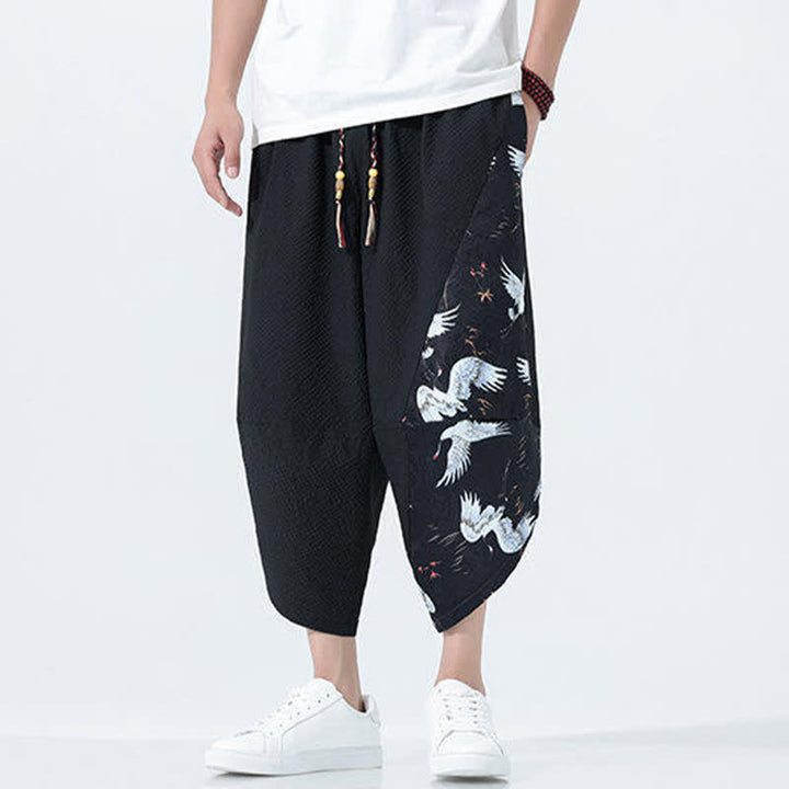 Buddha Stones Summer Drawstring Tassel Crane Print Men's Harem Pants - image 14