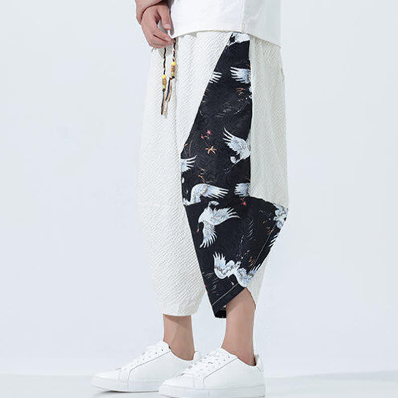 Buddha Stones Summer Drawstring Tassel Crane Print Men's Harem Pants - image 23