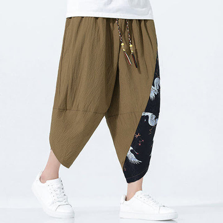 Buddha Stones Summer Drawstring Tassel Crane Print Men's Harem Pants - image 6