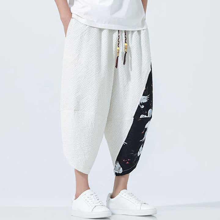 Buddha Stones Summer Drawstring Tassel Crane Print Men's Harem Pants - image 25