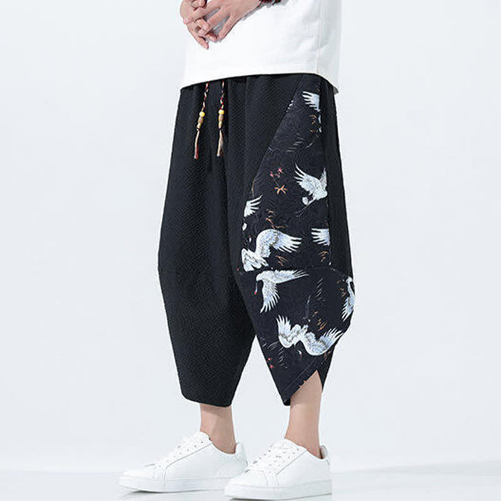 Buddha Stones Summer Drawstring Tassel Crane Print Men's Harem Pants - image 12