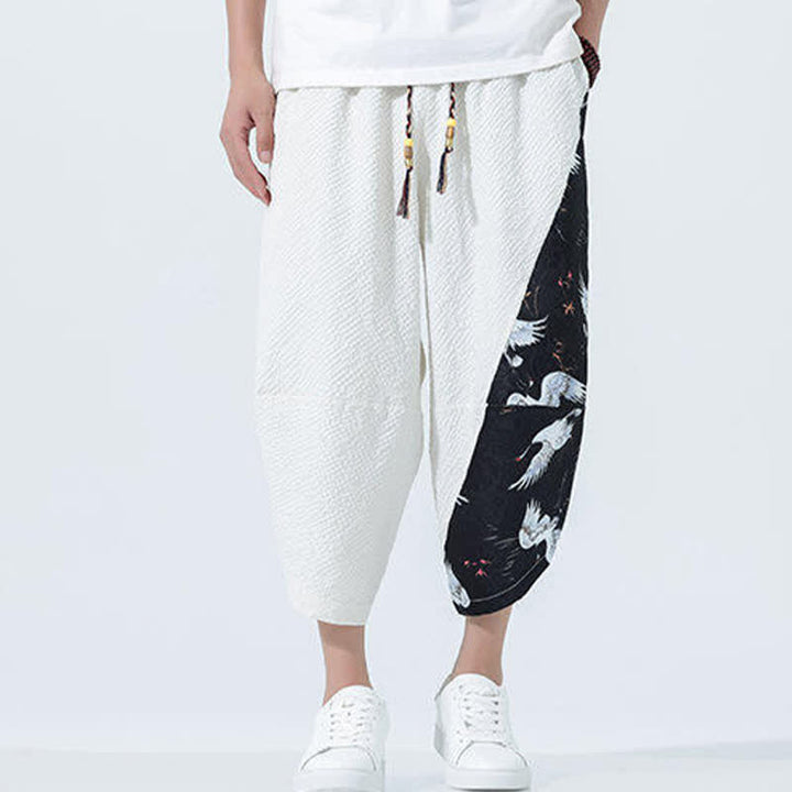 Buddha Stones Summer Drawstring Tassel Crane Print Men's Harem Pants - image 29