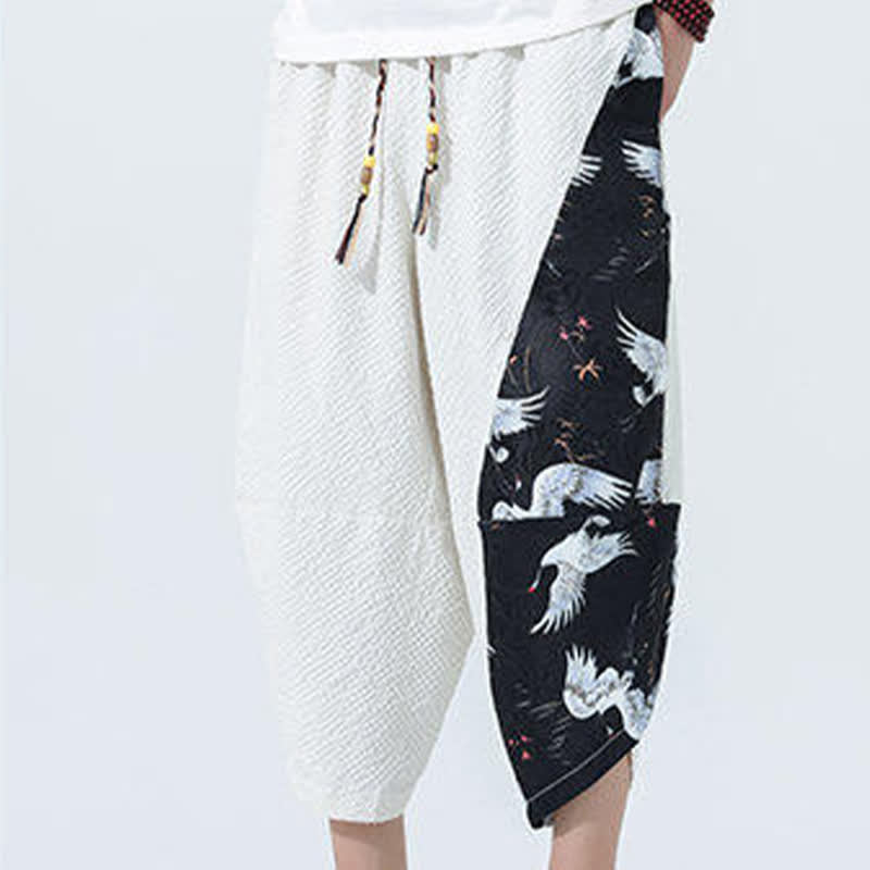 Buddha Stones Summer Drawstring Tassel Crane Print Men's Harem Pants - image 27