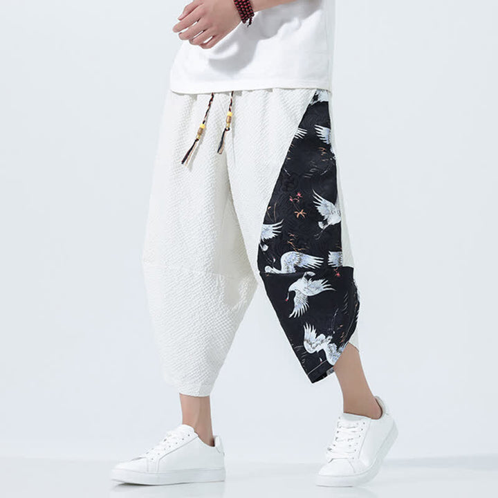 Buddha Stones Summer Drawstring Tassel Crane Print Men's Harem Pants - White - US/UK/AU46，EU56 (5XL) - image 21