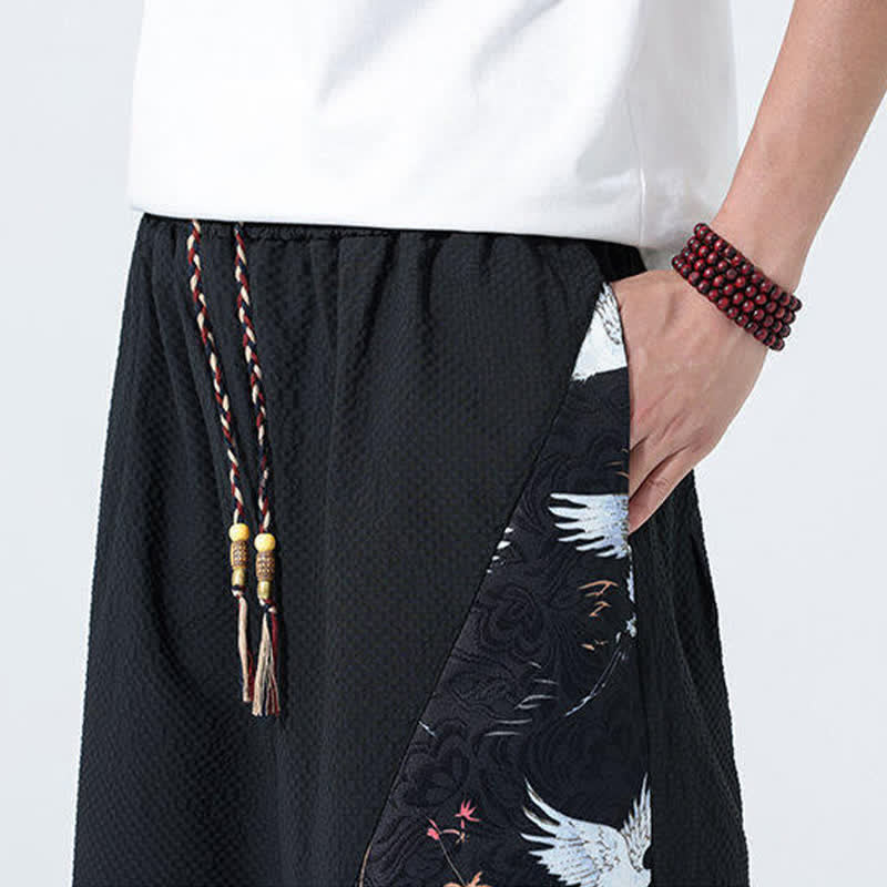 Buddha Stones Summer Drawstring Tassel Crane Print Men's Harem Pants - image 19