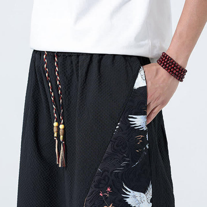 Buddha Stones Summer Drawstring Tassel Crane Print Men's Harem Pants - image 19