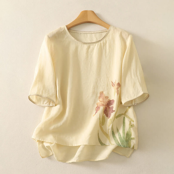 Buddha Stones Summer Floral Print Women's Short Sleeve T-Shirts - Beige - US8-10，UK/AU12-14，EU40-42 (2XL) - image 10
