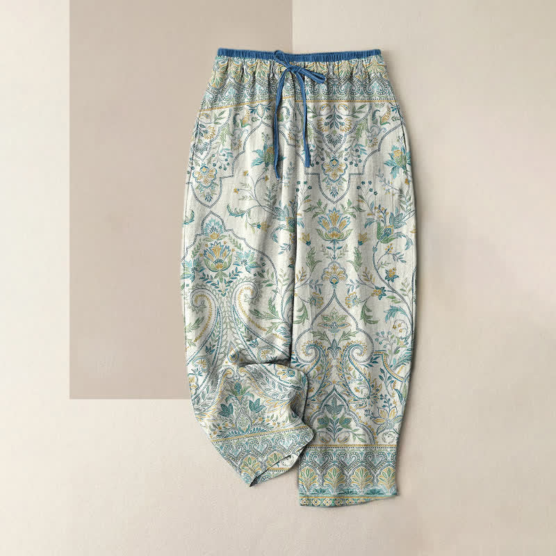 Buddha Stones Summer Cotton Paisley Floral Pattern Women's Elastic Waist Pants With Pockets - Ivory - US16，UK/AU20，EU48 (3XL) - image 4
