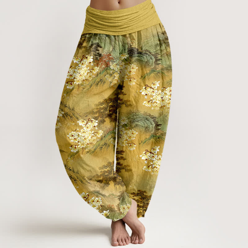 Buddha Stones Pure Cotton Bohemian Watercolor Floral Pattern Women's Elastic Waist Harem Pants - Goldenrod - US16，UK/AU20，EU48 (3XL) - image 0