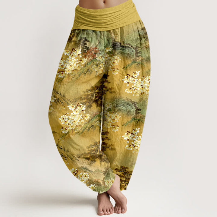 Buddha Stones Pure Cotton Bohemian Watercolor Floral Pattern Women's Elastic Waist Harem Pants - Goldenrod - US16，UK/AU20，EU48 (3XL) - image 0