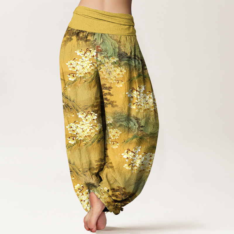 Buddha Stones Pure Cotton Bohemian Watercolor Floral Pattern Women's Elastic Waist Harem Pants - image 1
