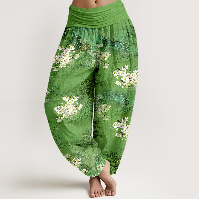 Buddha Stones Pure Cotton Bohemian Watercolor Floral Pattern Women's Elastic Waist Harem Pants - MediumSeaGreen - US16，UK/AU20，EU48 (3XL) - image 8