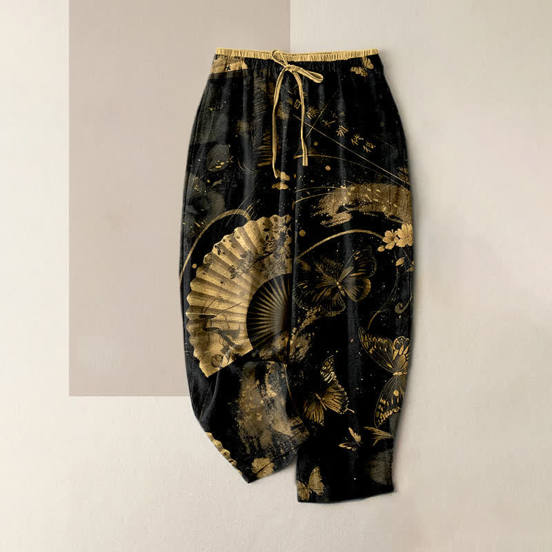 Buddha Stones Gold Foil Butterfly Fan Floral Pattern Women's Elastic Waist Pants With Pockets - Black - US16，UK/AU20，EU48 (3XL) - image 0