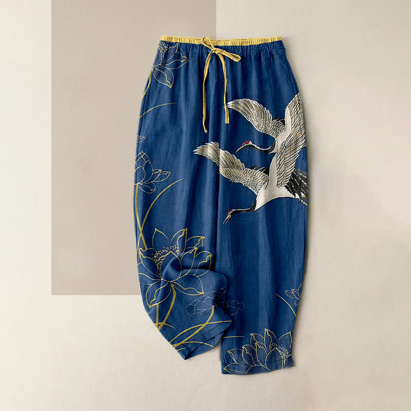 Buddha Stones Pure Cotton Crane Lotus Pattern Women's Elastic Waist Pants With Pockets - SteelBlue - US16，UK/AU20，EU48 (3XL) - image 4