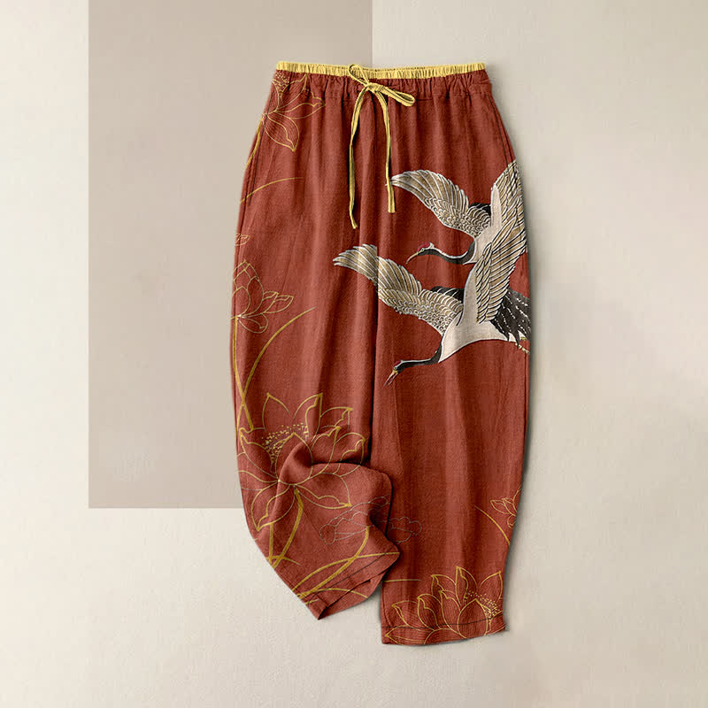 Buddha Stones Pure Cotton Crane Lotus Pattern Women's Elastic Waist Pants With Pockets - Brown - US16，UK/AU20，EU48 (3XL) - image 5