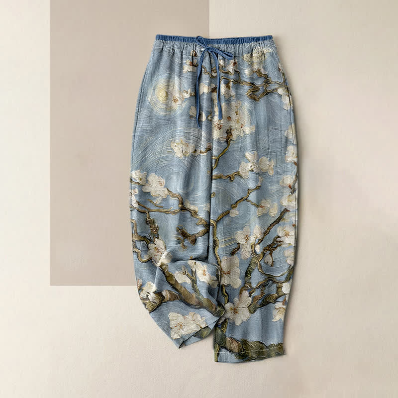 Buddha Stones Van Gogh Starry Sky Almond Blossom Pattern Women's Elastic Waist Pants With Pockets - LightBlue - US16，UK/AU20，EU48 (3XL) - image 4
