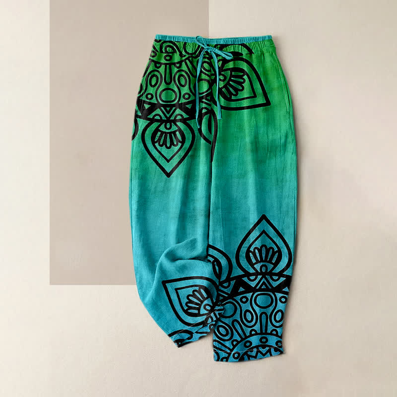 Buddha Stones Pure Cotton Gradient Mandala Pattern Women's Elastic Waist Pants With Pockets - Turquoise - US16，UK/AU20，EU48 (3XL) - image 3