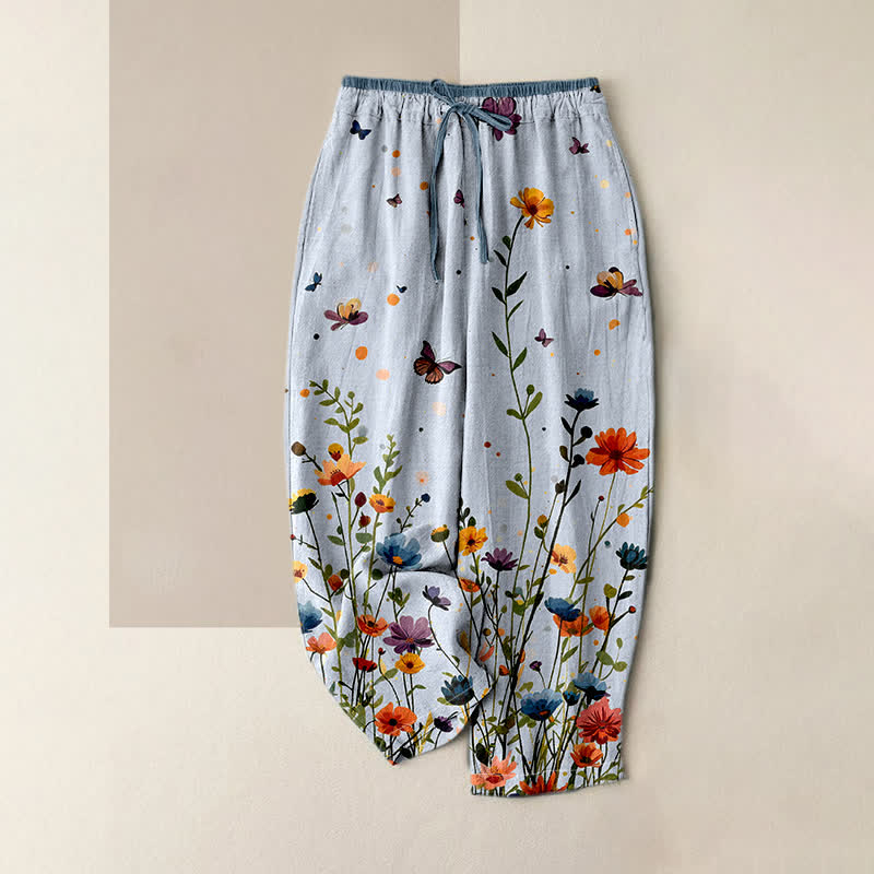Buddha Stones Pure Cotton Bohemian Floral Butterfly Pattern Women's Elastic Waist Pants With Pockets - LightBlue - US16，UK/AU20，EU48 (3XL) - image 4